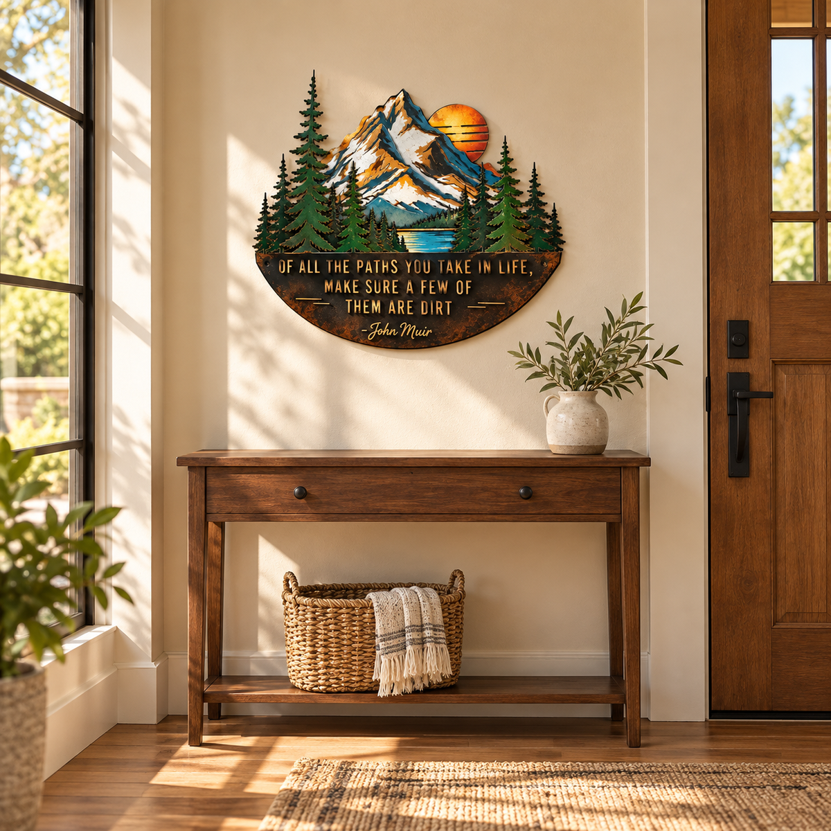 ⛰️John Muir Quote Metal Wall Art – Mountain Peaks & Pine Forest Design