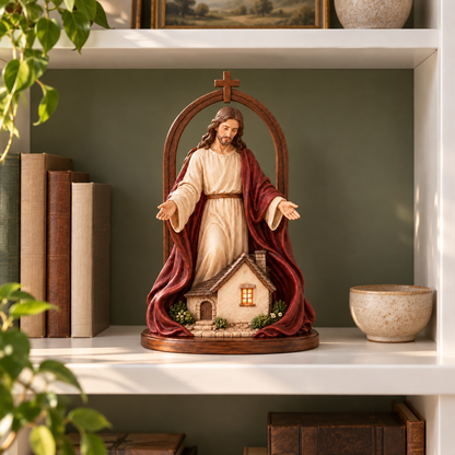 ✝️ Held in His Love – Jesus Sheltering Home Lighted Figurine