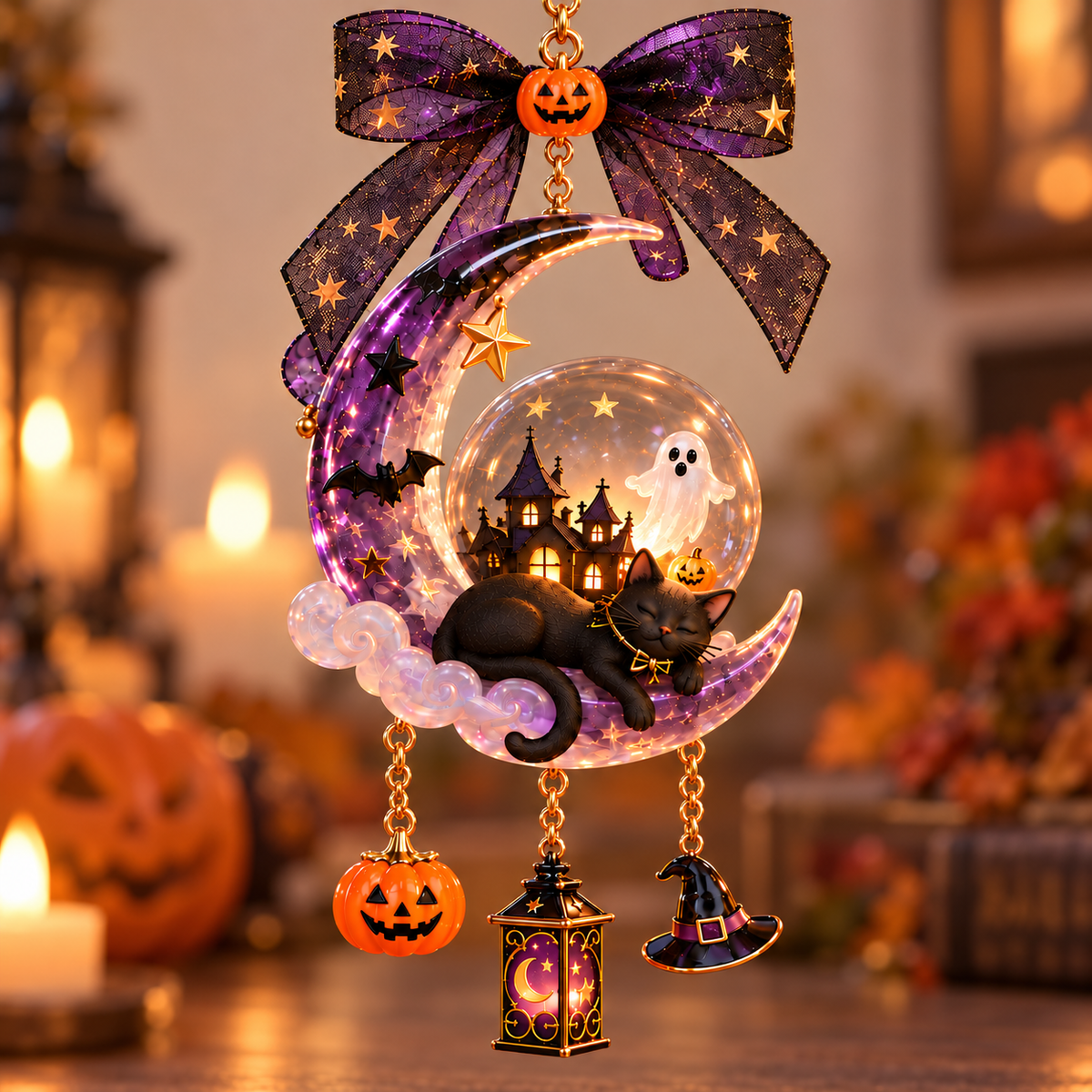🌙 Handcrafted Enchanting Black Cat Moon Lamp – Halloween Hanging Decorations