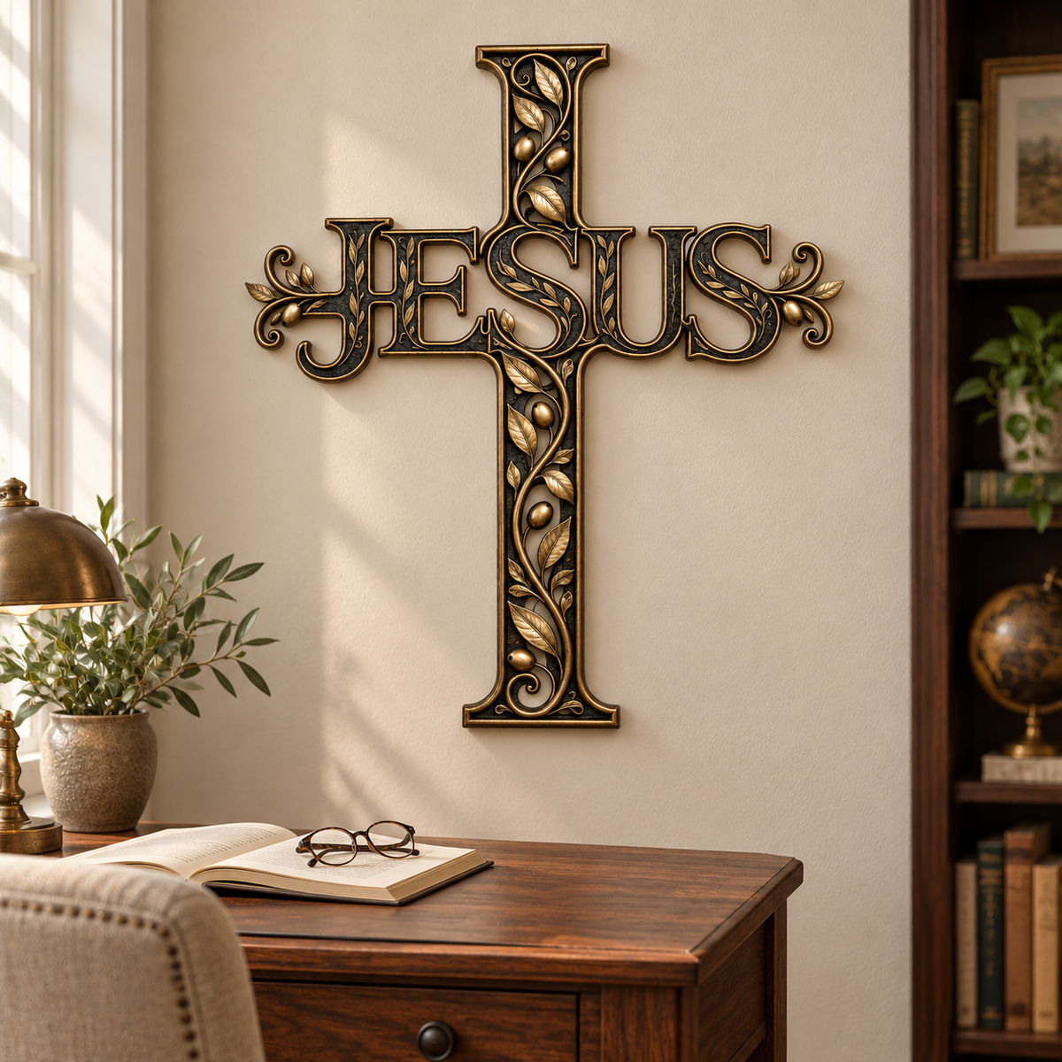 ✝️ His Name, Our Hope – JESUS Olive Vine Metal Cross Wall Art