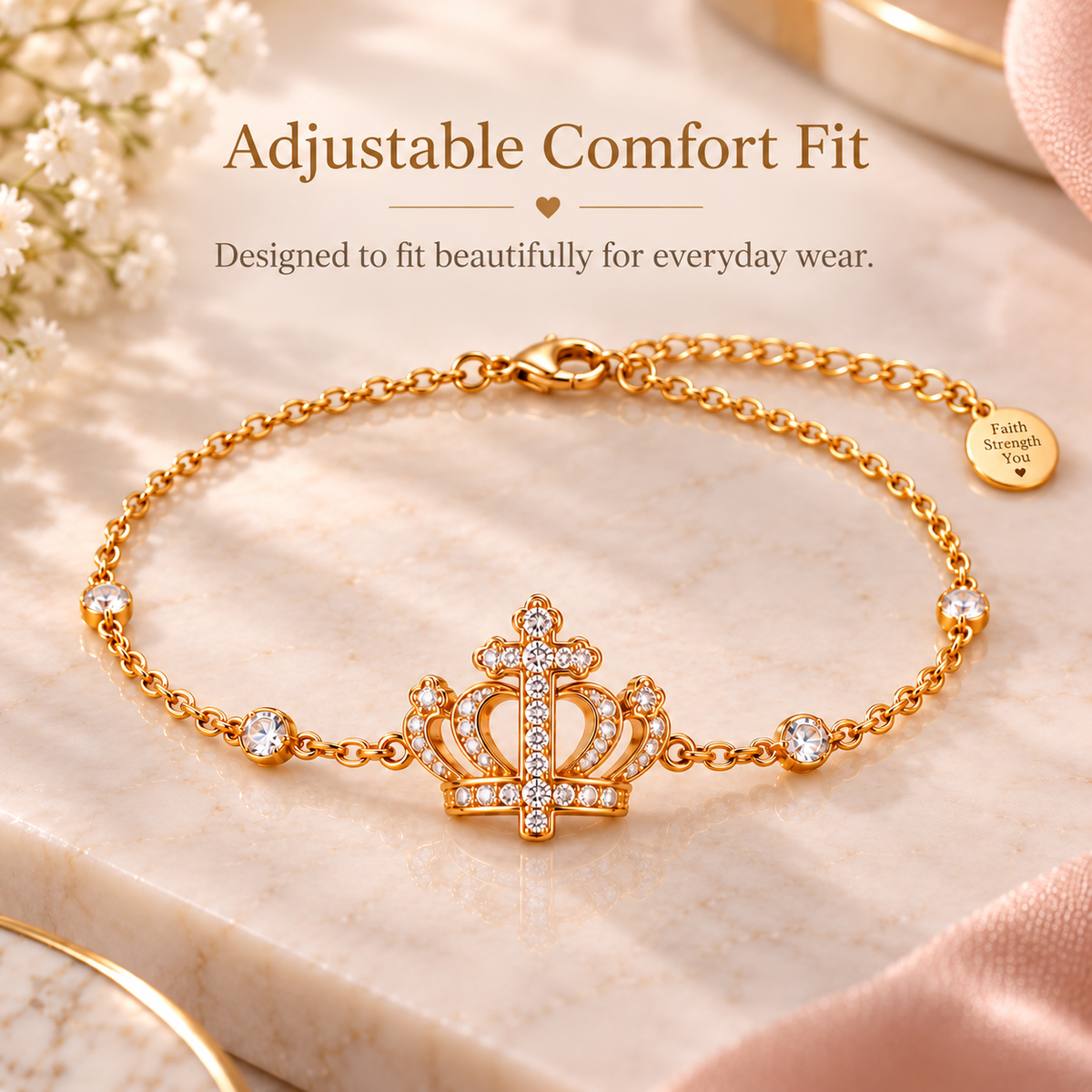 Adjustable Crown of Faith bracelet clasp and extension chain