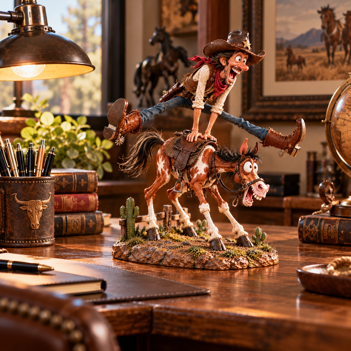 Cowboy and horse figurine displayed on a rustic office desk