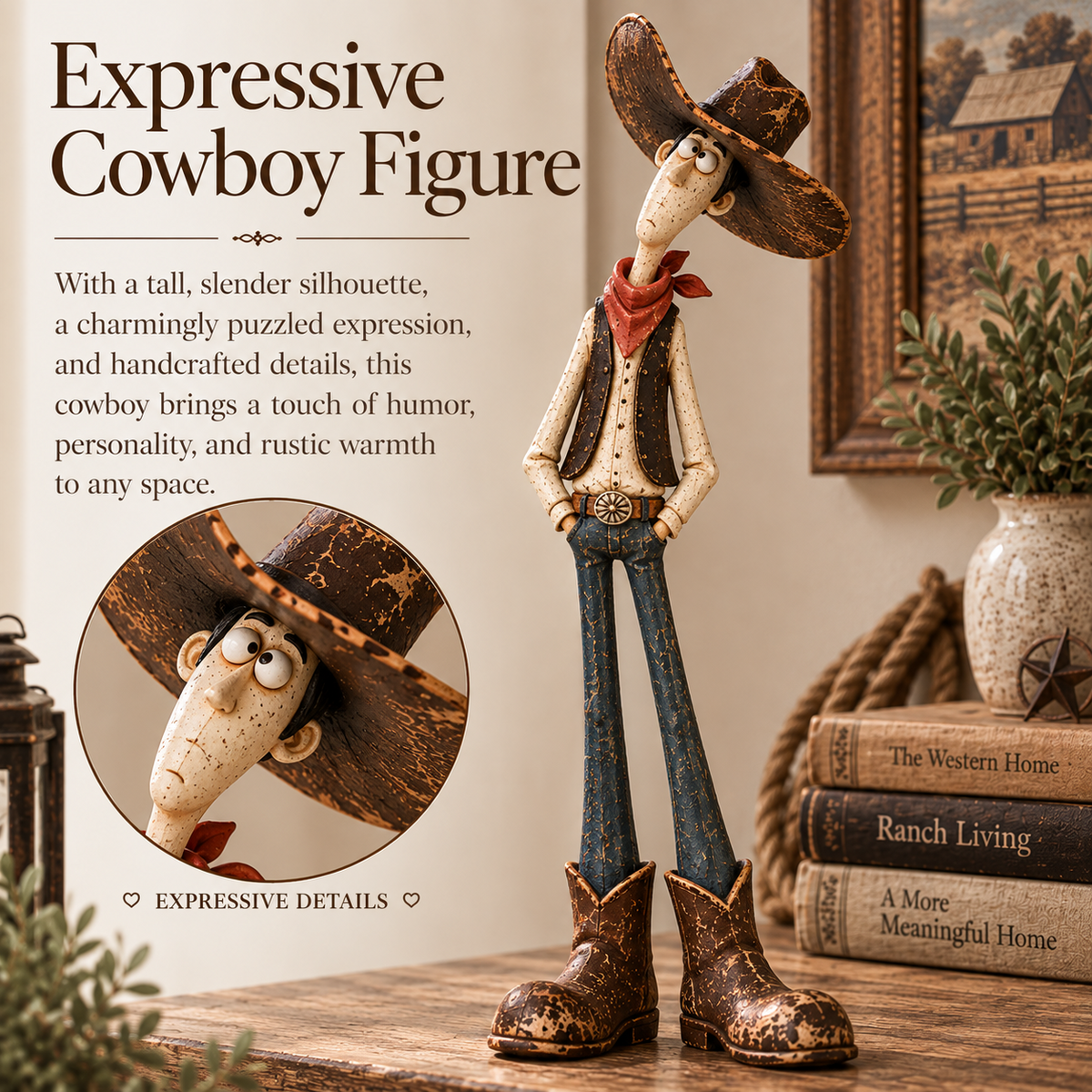 The cowboy figurine with an oversized brown hat, red bandana, blue trousers and weathered boots.