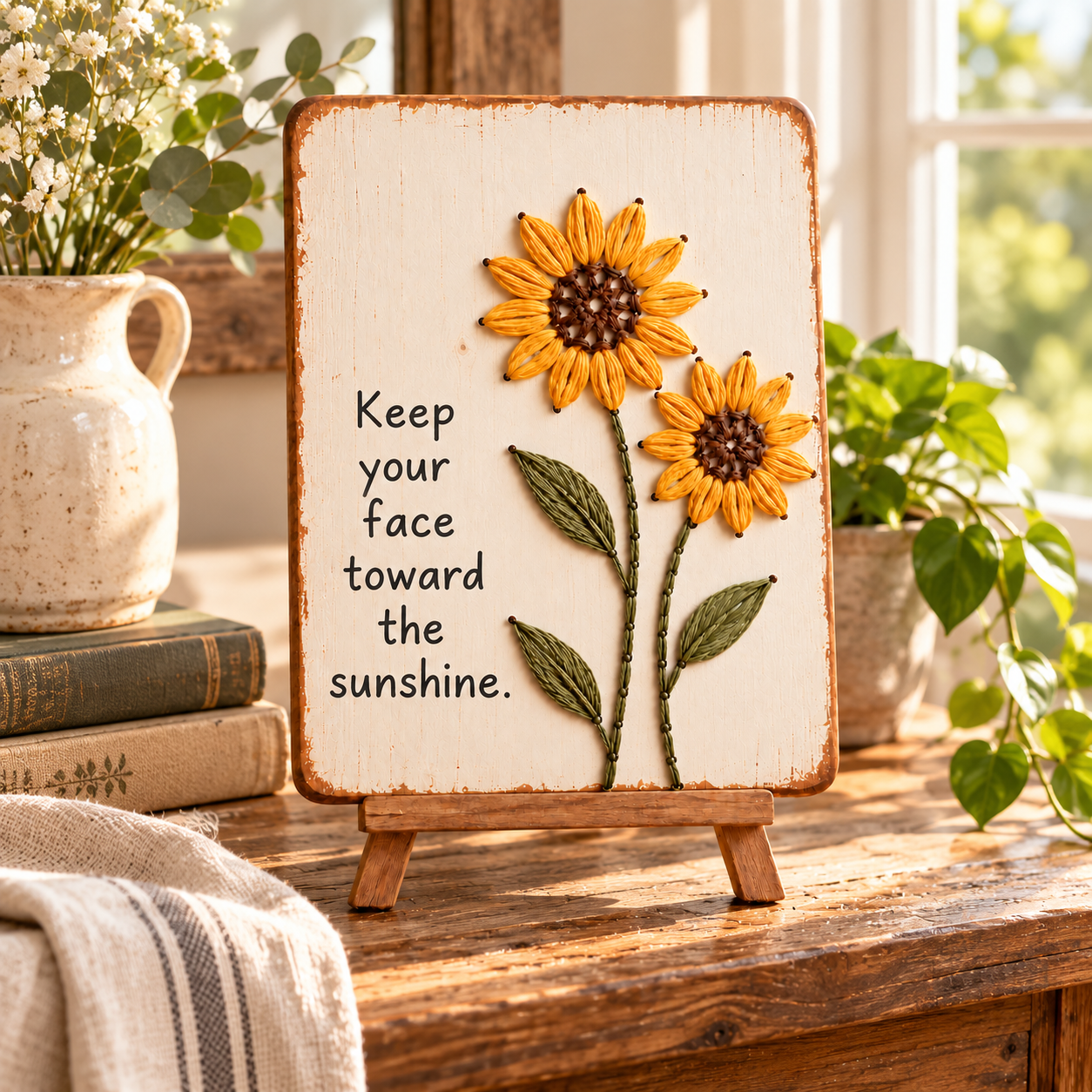 Finished sunflower floral yarn art plaque displayed at home