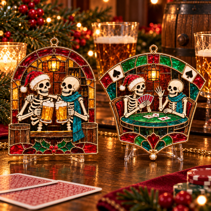 ✨Friends for Eternity – Vintage Stained Glass Style Skeleton Christmas Ornaments