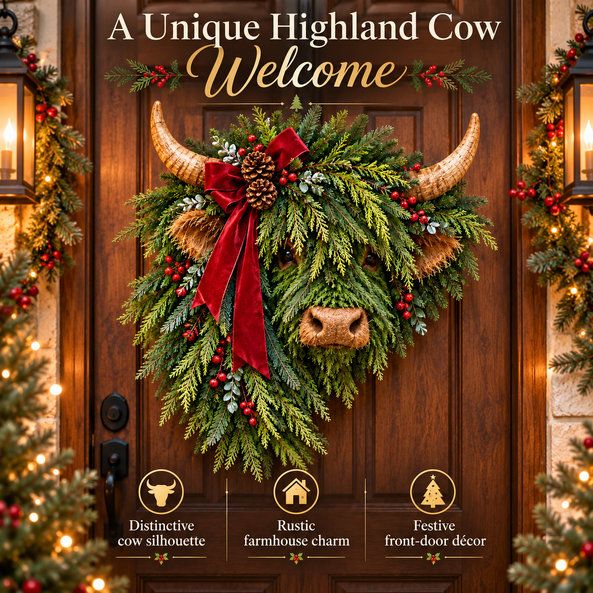 Highland Cow Christmas Wreath – Rustic Farmhouse Holiday Door Decoration with Cascading Greenery &amp; Red Velvet Bow