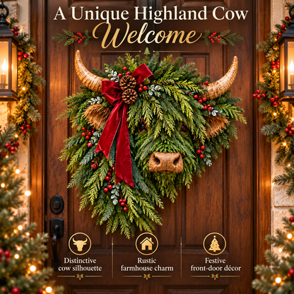 Highland Cow Christmas Wreath – Rustic Farmhouse Holiday Door Decoration with Cascading Greenery &amp; Red Velvet Bow