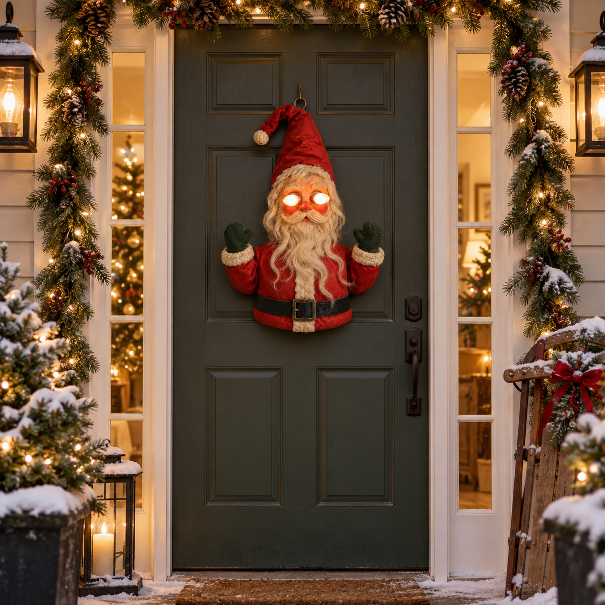 🎅👁️Santa After Dark – Vintage Glowing-Eye Door Guardian