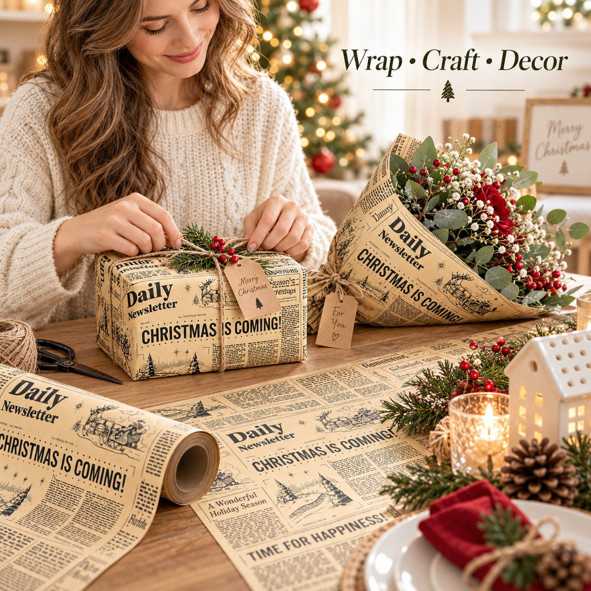 🔥😍Retro Christmas Newsprint Paper Roll📰🎁