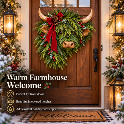 Highland Cow Christmas Wreath – Rustic Farmhouse Holiday Door Decoration with Cascading Greenery &amp; Red Velvet Bow