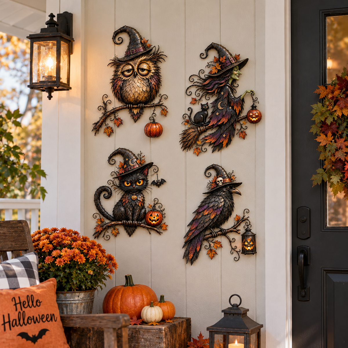 ✨Whimsical Halloween Wall Decor Collection – Owl, Witch, Black Cat & Raven
