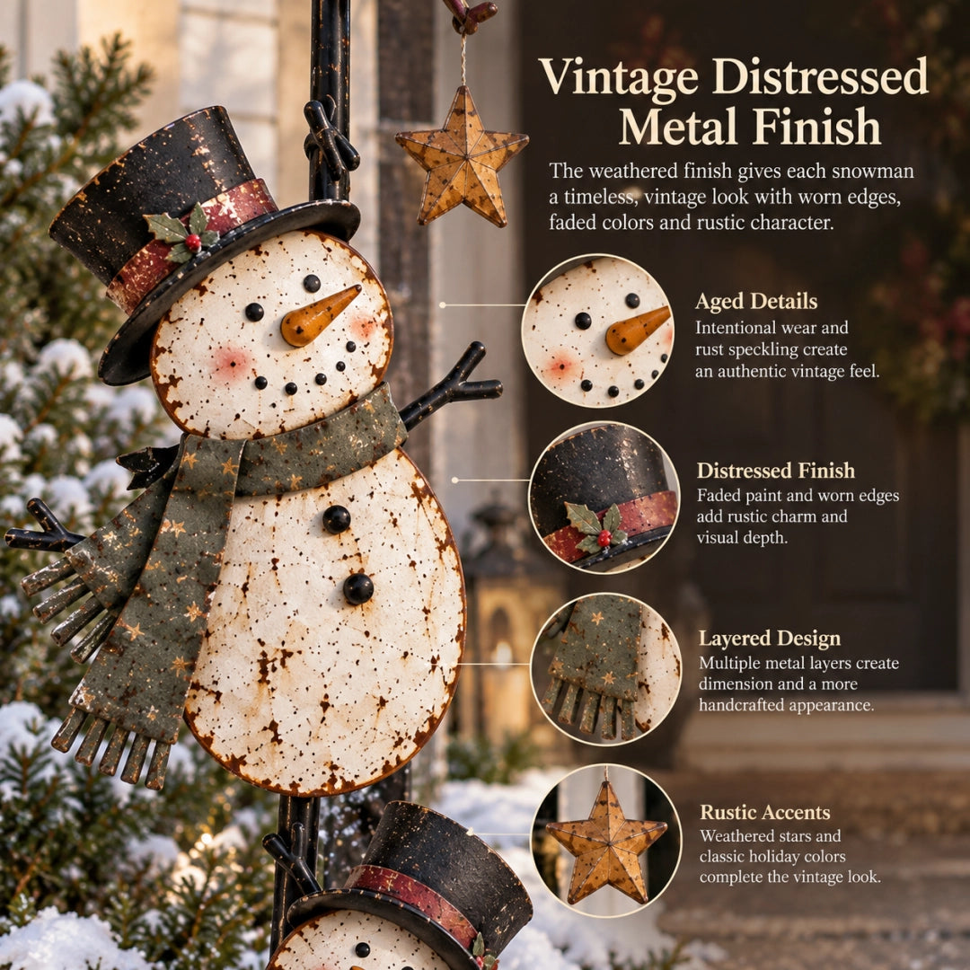 Vintage distressed snowman metal detail