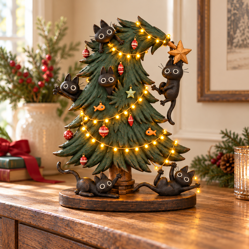 🐈‍⬛🎄 Curious Black Cats Climbing Christmas Tree Figurine ✨