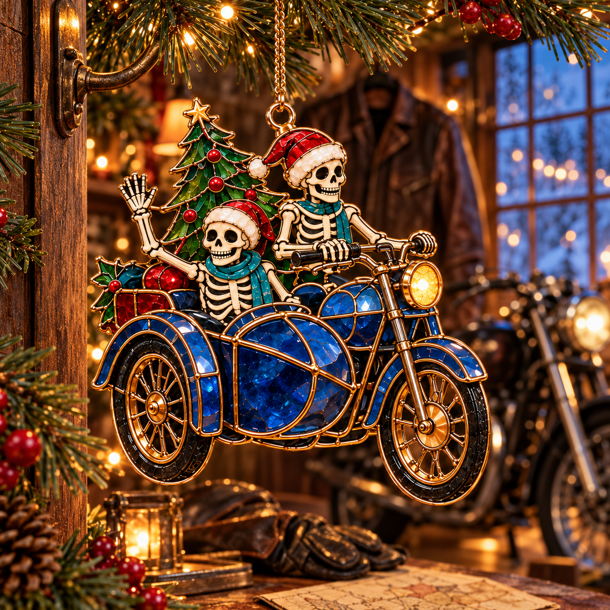 ✨Friends for Eternity – Vintage Stained Glass Style Skeleton Christmas Ornaments