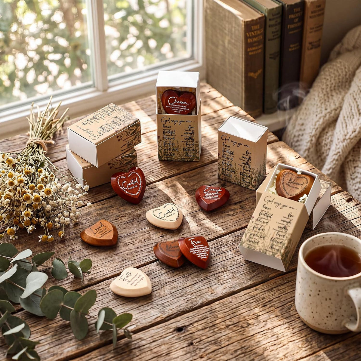 Christian Pocket Hearts displayed on a warm wooden table