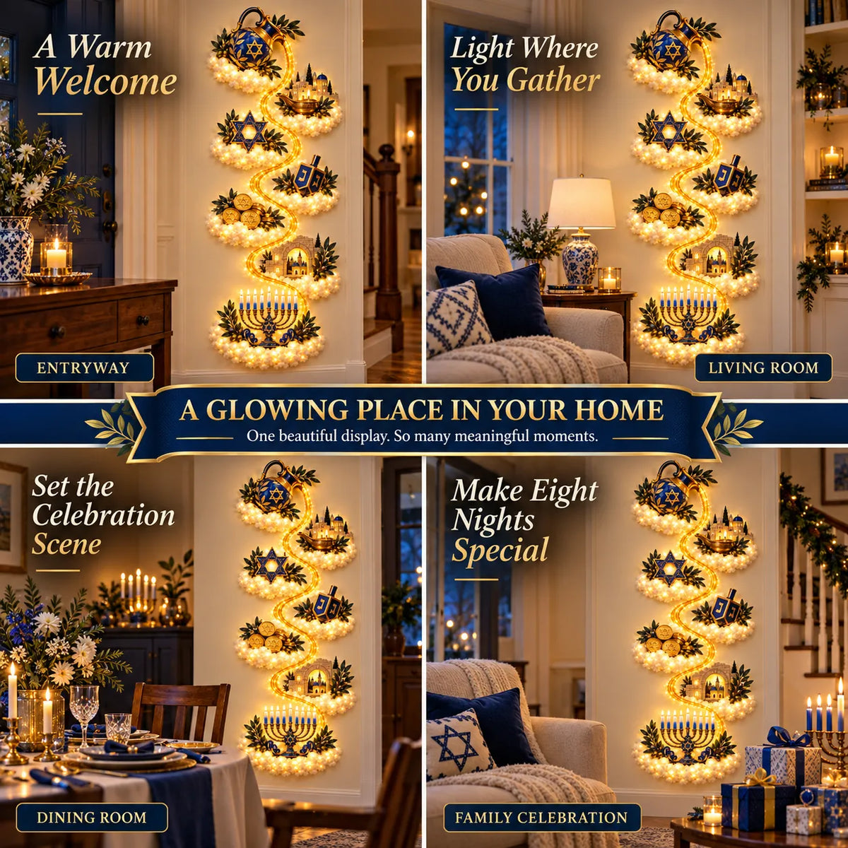 Hanukkah wall decor in different home spaces