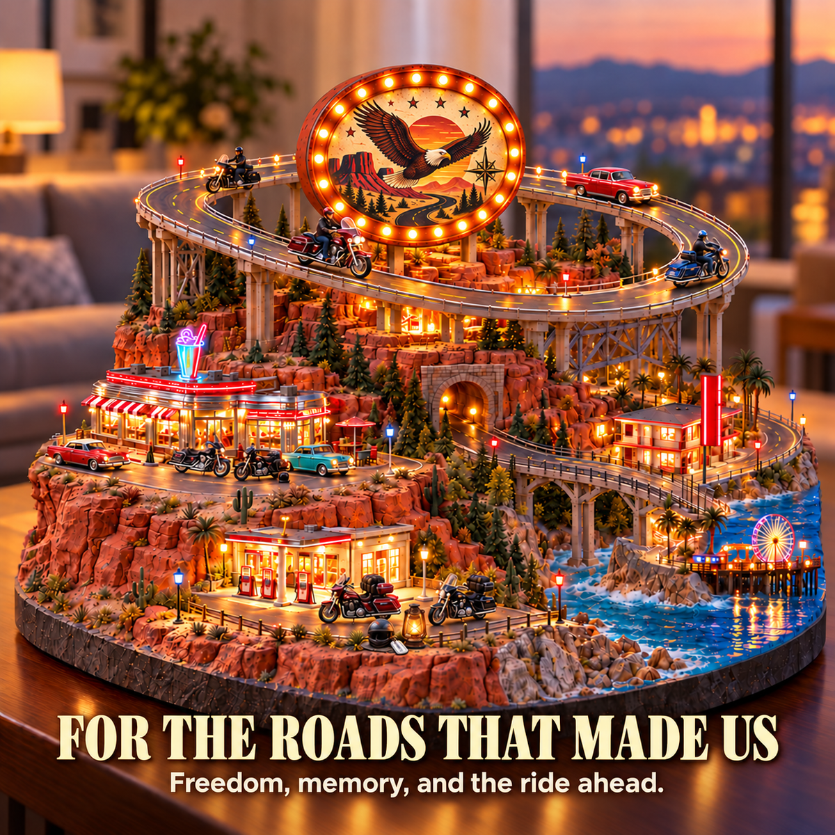 Miniature roadside diner with parked motorcycles