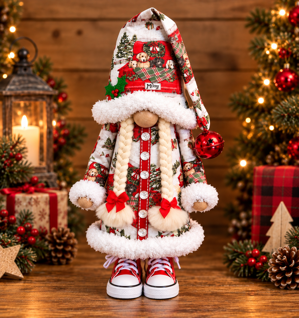 The Merry Braided One Christmas gnome with pale braids and red bows