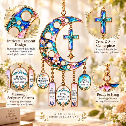 ✨🌙 Crescent Moon of Faith – Scripture Cross Hanging Ornament✝️