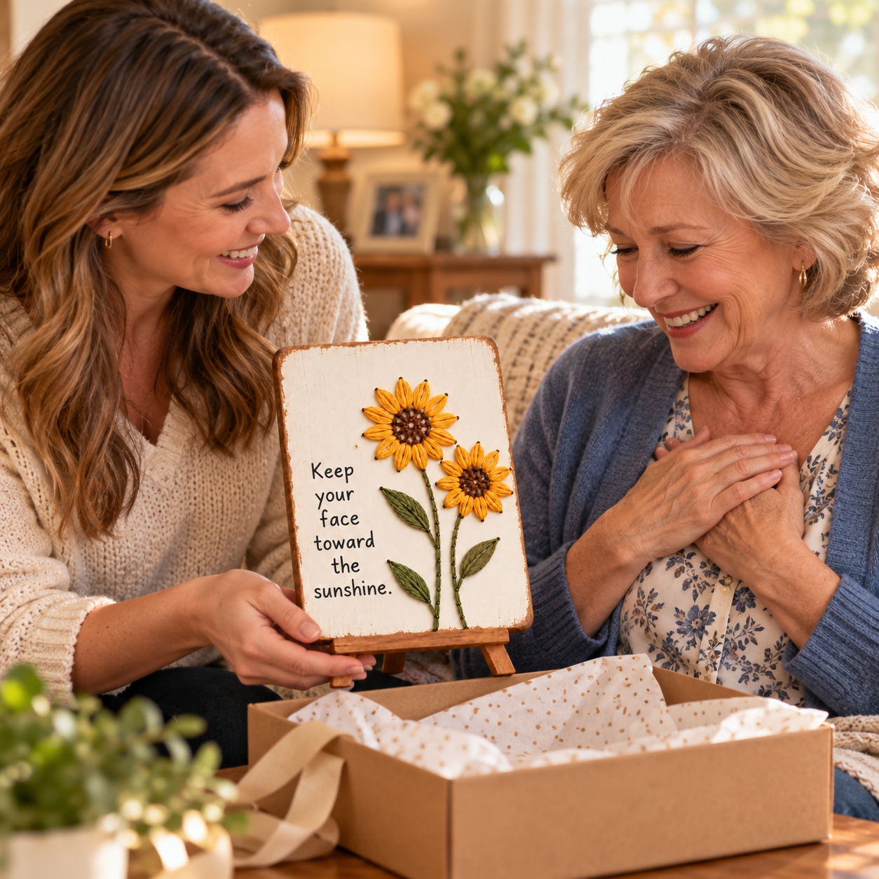 Handmade sunflower plaque given as a heartfelt gift