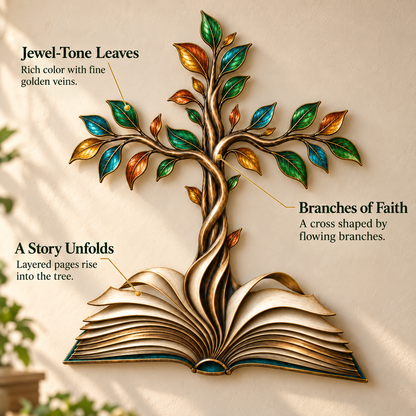 ✝️📖Rooted in Grace – Book & Cross Tree Metal Wall Art