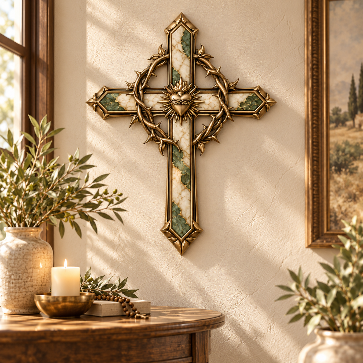 ✝️ Sacred Heart of Grace™ – Crown of Thorns Metal Cross Wall Decor