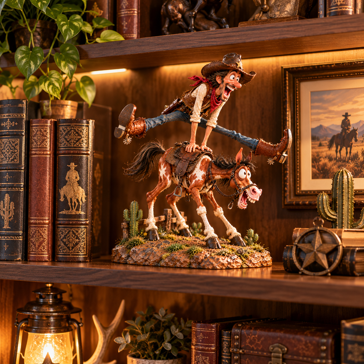 Western cowboy and horse figurine displayed on a wooden bookshelf