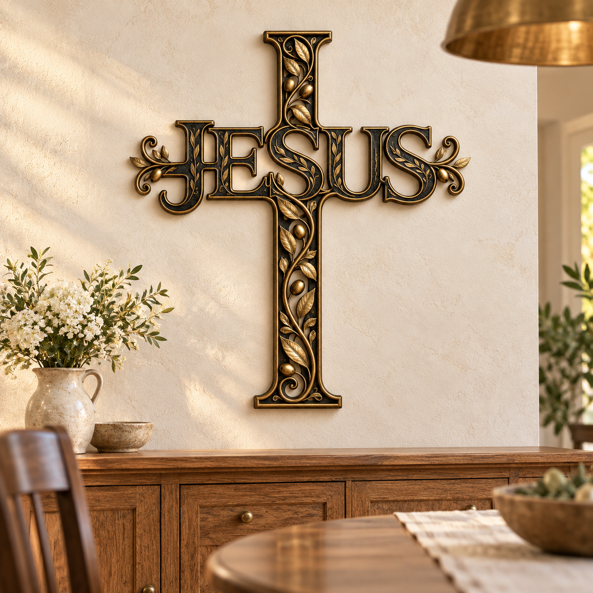✝️ His Name, Our Hope – JESUS Olive Vine Metal Cross Wall Art