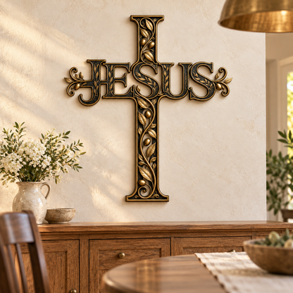✝️ His Name, Our Hope – JESUS Olive Vine Metal Cross Wall Art