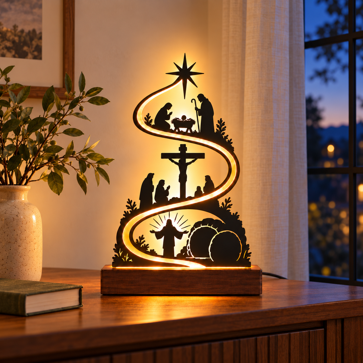 Jesus story lamp glowing on a table by the window