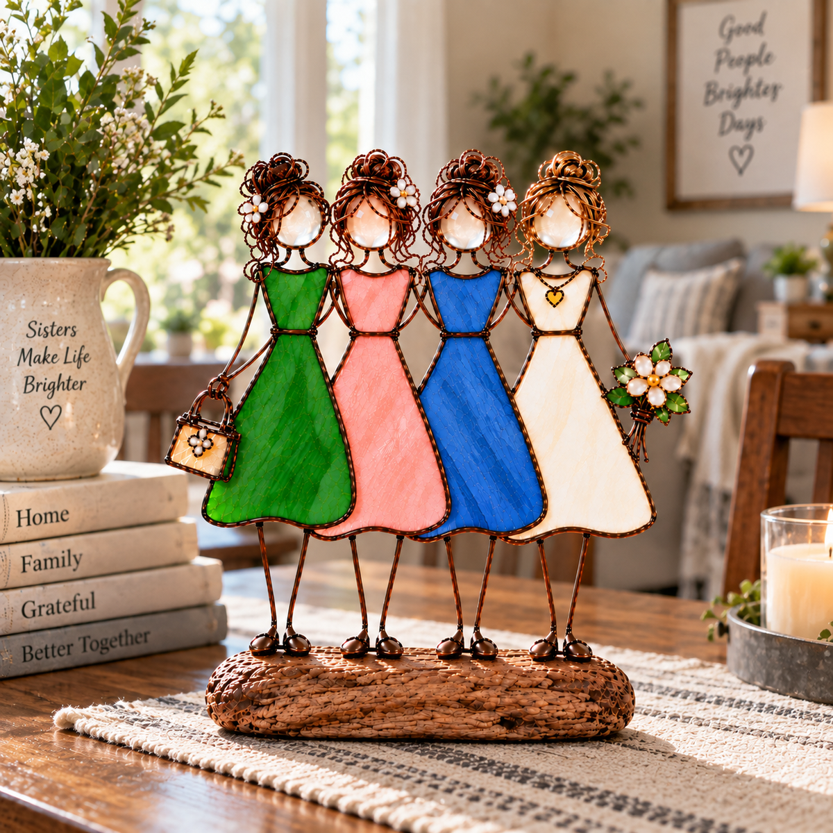 Side by Side Sisters Stained Glass-Inspired Friendship Figurine