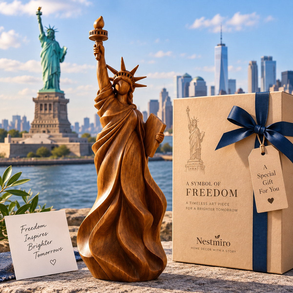 Liberty sculpture with illustrative gift packaging