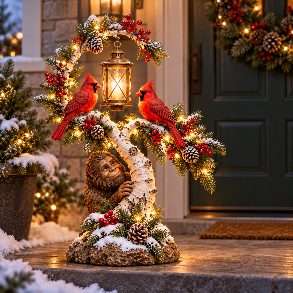 Lighted Sasquatch winter entrance decoration with red cardinals, birch branches and lantern