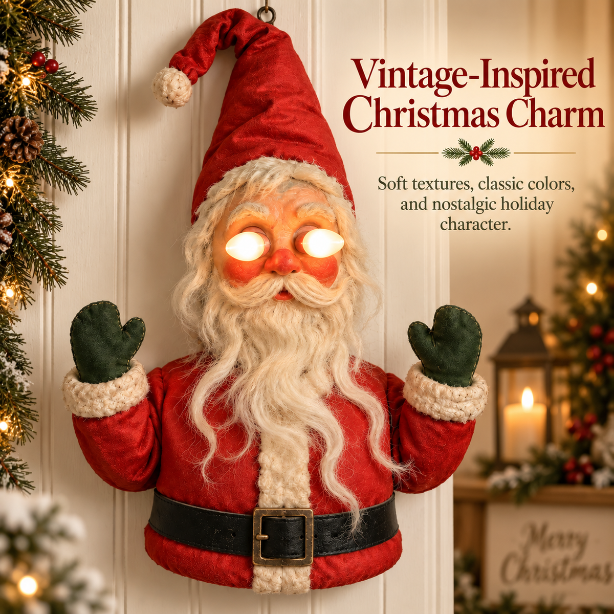 🎅👁️Santa After Dark – Vintage Glowing-Eye Door Guardian