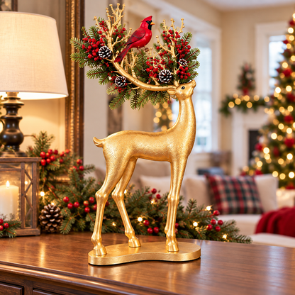 ✨ Cardinal Woodland Reindeer™ – Lighted Golden Christmas Deer Decorations