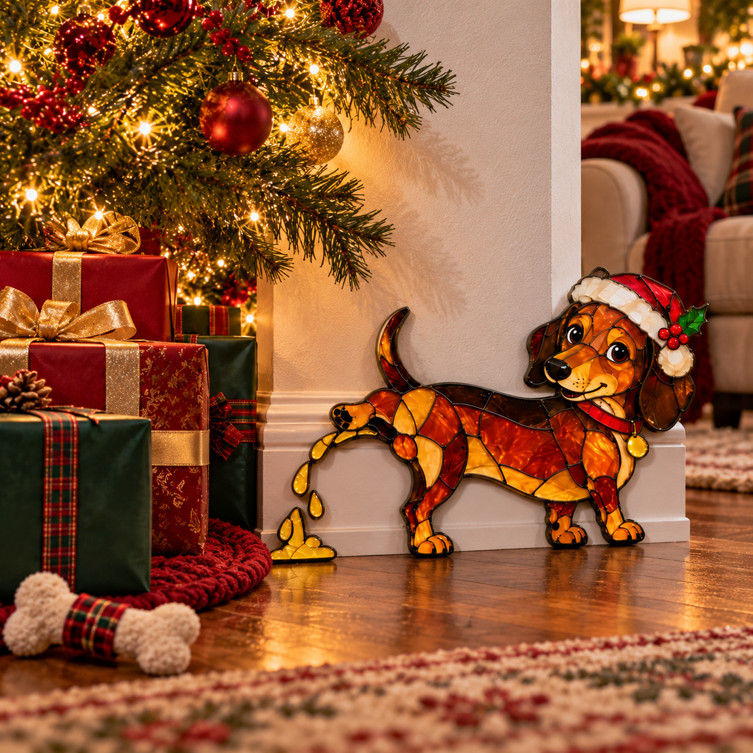 Naughty Christmas sausage dog decoration beside a decorated Christmas tree