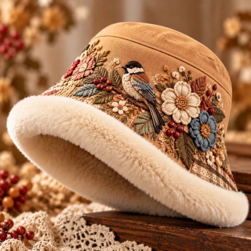 Woodland Bird embroidered floral winter bucket hat