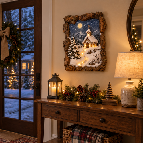 Winter Village Glow™ 3D Lighted Christmas Wall Art – Rustic Snowy Village Diorama with Warm LED Lights