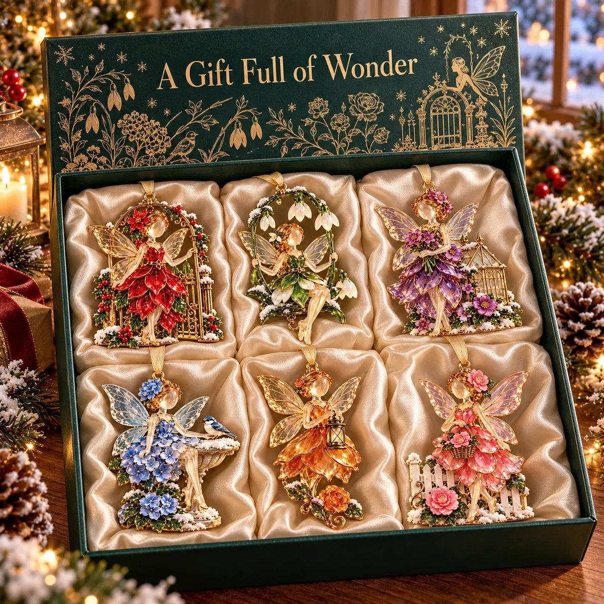 Gift presentation showing all six floral fairy scenes arranged in a decorative box