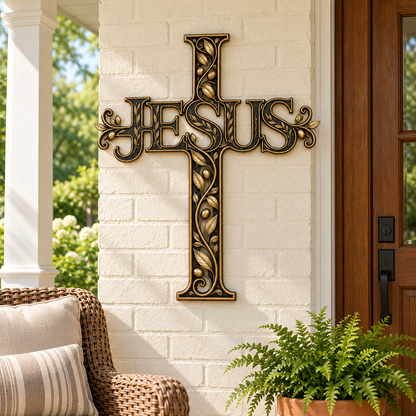 ✝️ His Name, Our Hope – JESUS Olive Vine Metal Cross Wall Art