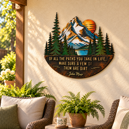 ⛰️John Muir Quote Metal Wall Art – Mountain Peaks & Pine Forest Design
