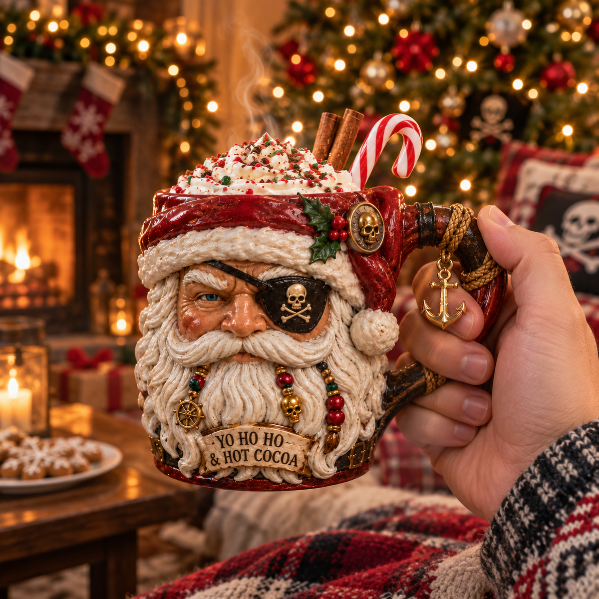 Pirate Santa Mug held in a cozy Christmas living room