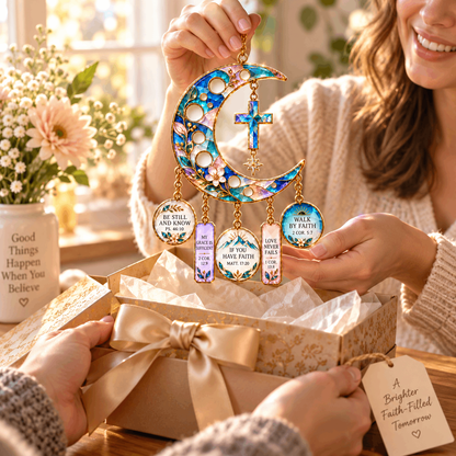 ✨🌙 Crescent Moon of Faith – Scripture Cross Hanging Ornament✝️
