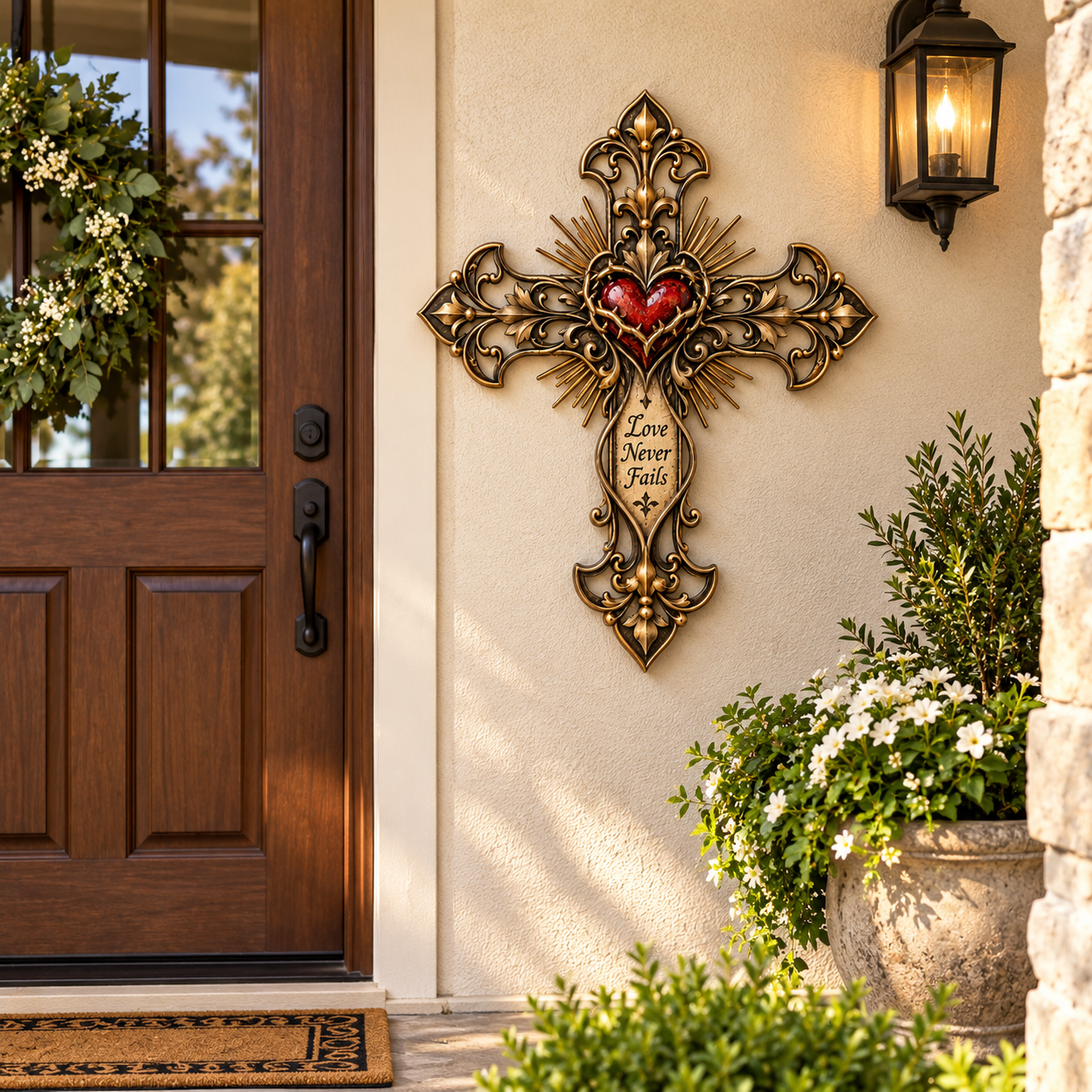 Sacred heart cross displayed beside a welcoming front door