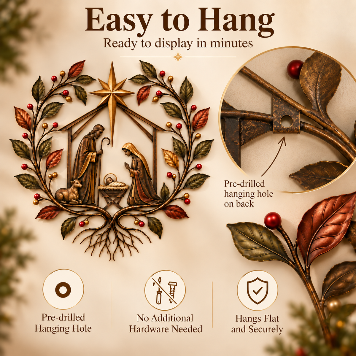Pre drilled hanging hole on Nativity wall decor