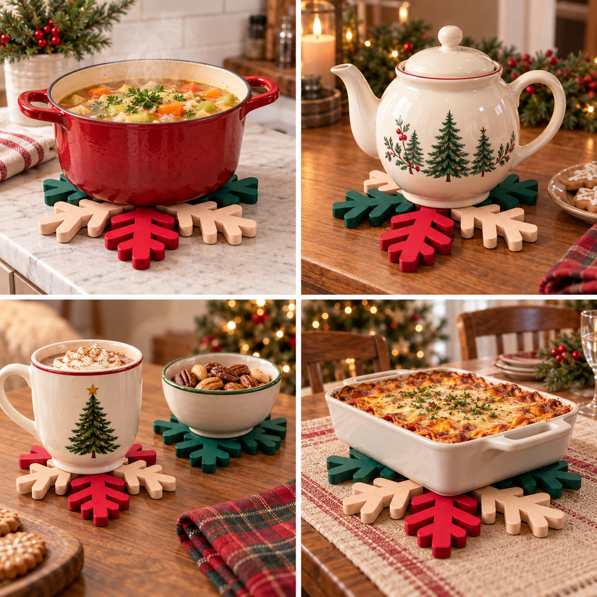 Christmas snowflake coaster used with pot teapot mug and casserole dish