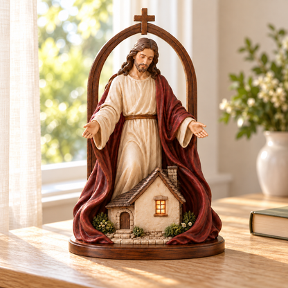 ✝️ Held in His Love – Jesus Sheltering Home Lighted Figurine
