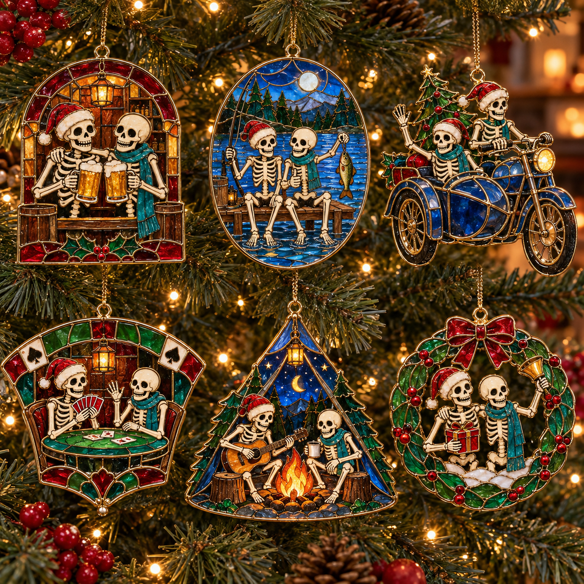 ✨Friends for Eternity – Vintage Stained Glass Style Skeleton Christmas Ornaments