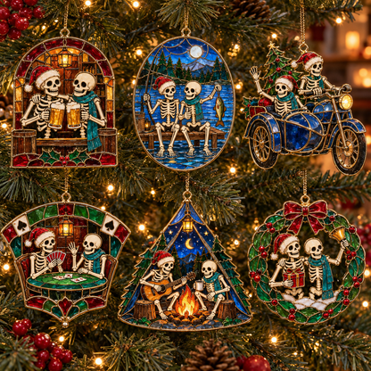 ✨Friends for Eternity – Vintage Stained Glass Style Skeleton Christmas Ornaments