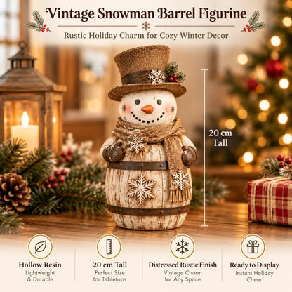 Vintage Whitewashed Barrel Snowman Figurine ⛄🪵 – Rustic Christmas Farmhouse Decor